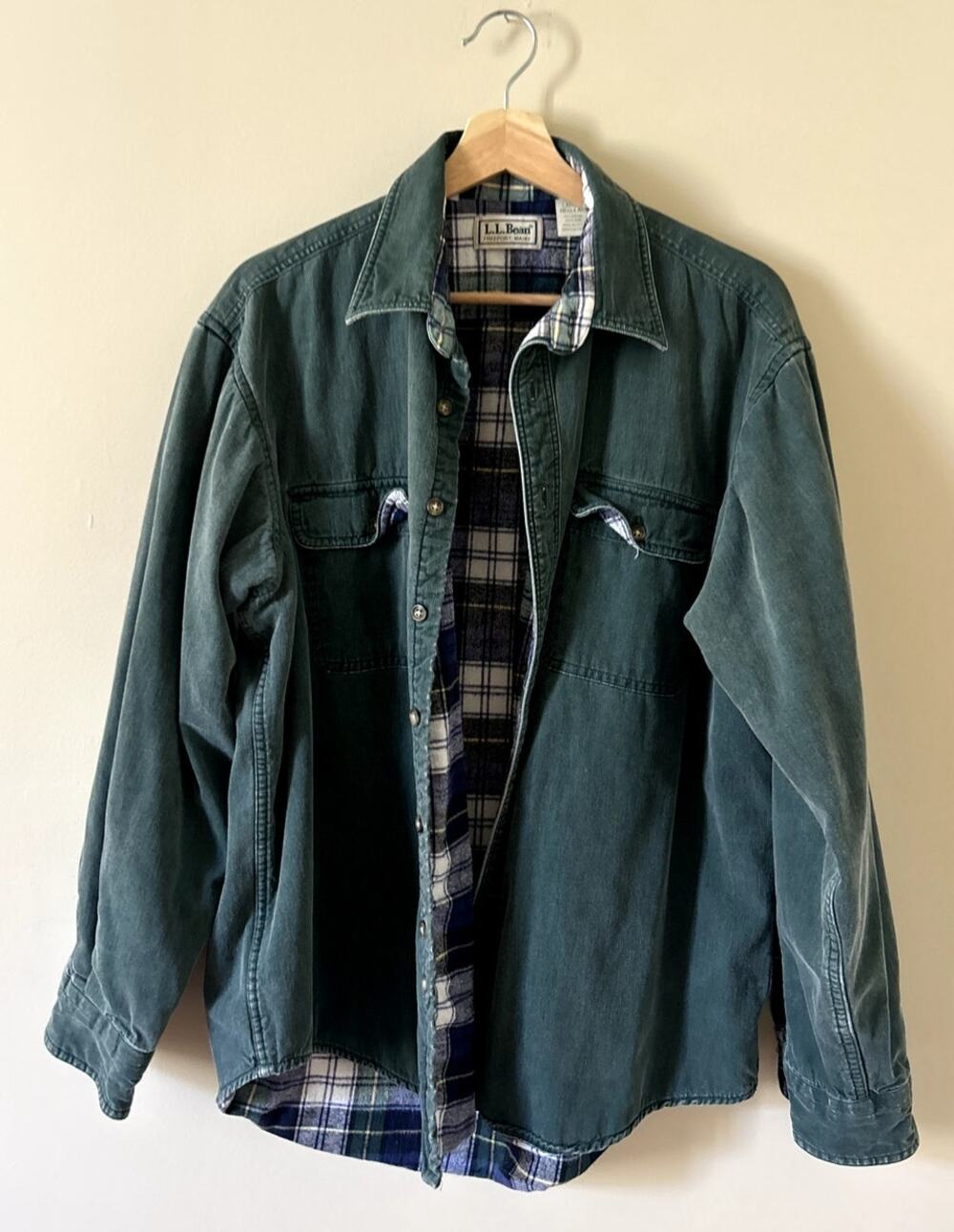Vintage Faded Green Flannel-lined L.L. Bean Button-down Shirt Men's Large